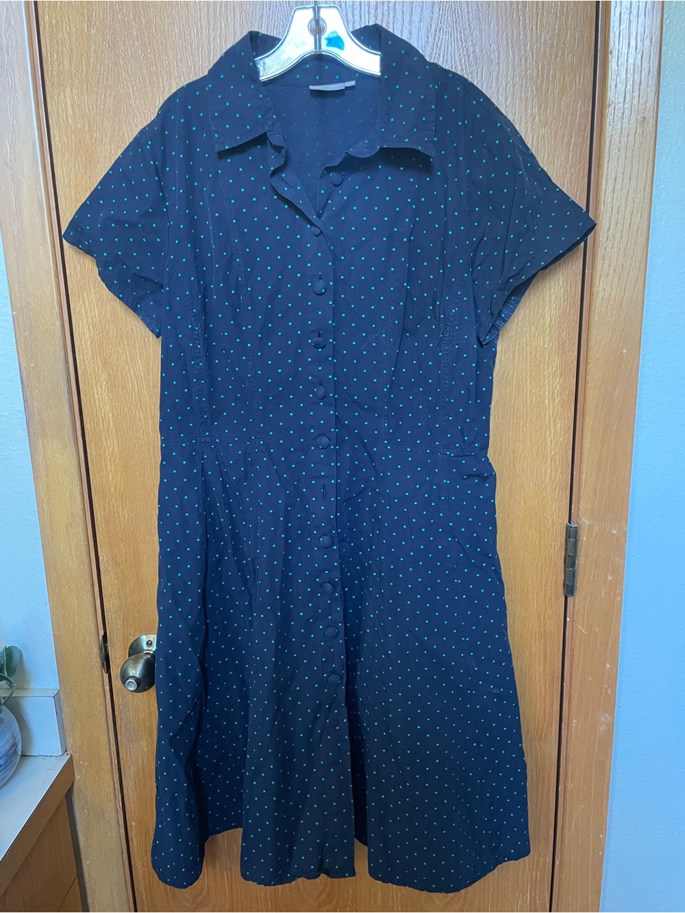 Eshakti Navy and Green Polka Dotted, Button-down Cotton Dress, size XL/16